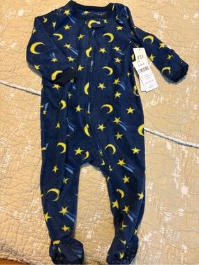 Cozy Navy Blue Star & Moon Fleece Footed One-Piece for Kids